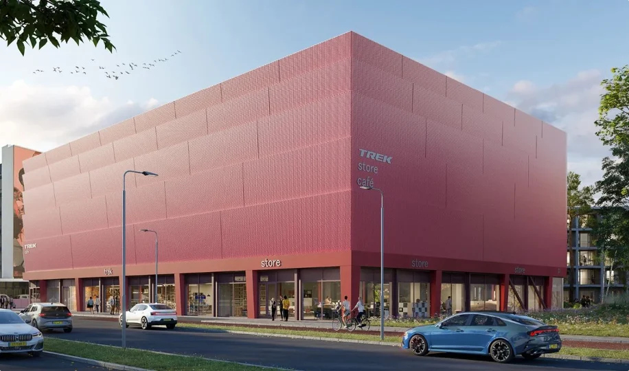 Modern winkelgebouw met Trek store en café